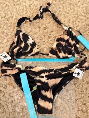 Melissa Odabash Black and Beige Animal Print Triangle Bikini SMALL